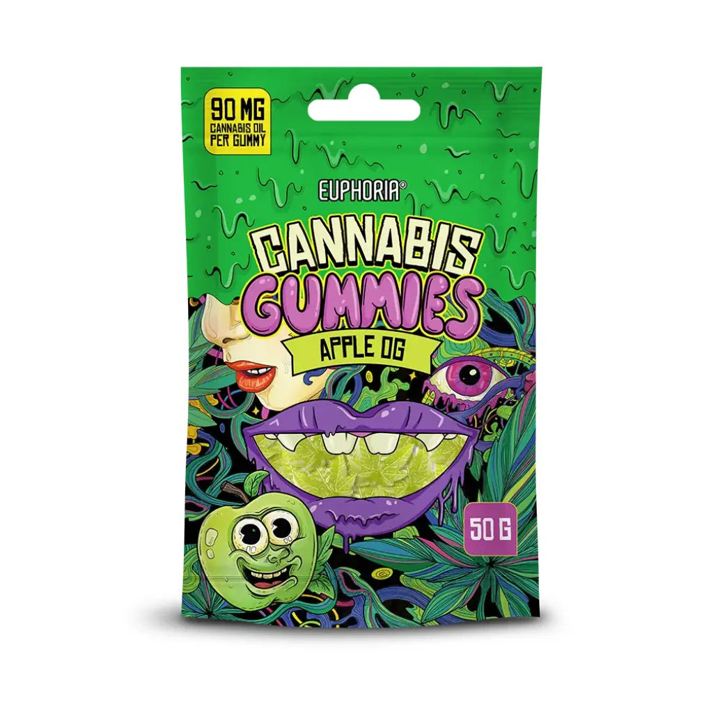 Rágóscukorka formájú kannabisz termékek, Euphoria Apple OG – zöld alma ízű, vegán, 90 mg kannabiszolaj