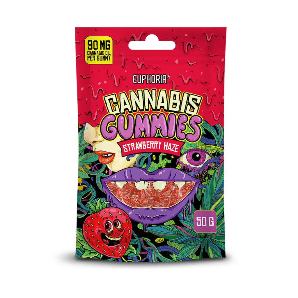 Zselésített kannabisz cukorkák Euphoria Strawberry Haze – eper ízű, enyhe citrusos jegyekkel, THC nélkül